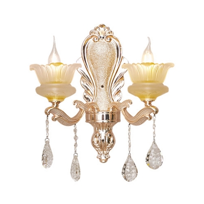 2-Light Wall Mount Lighting Traditional Dining Room Sconce with Flared Frosted Glass Shade in Gold