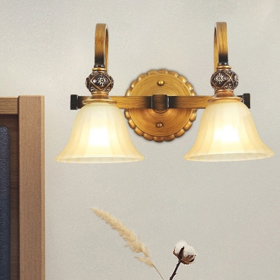 2 Lights Wall Mount Light with Bell Shade White Glass Traditional Hallway Wall Lamp Fixture in Brass