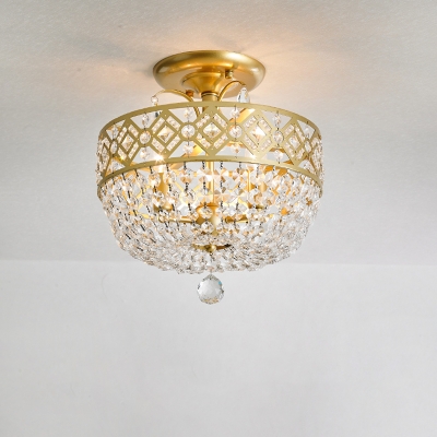 3-Light Basket Shape Flush Chandelier Modern Gold Crystal Semi Flush Mount Ceiling Light