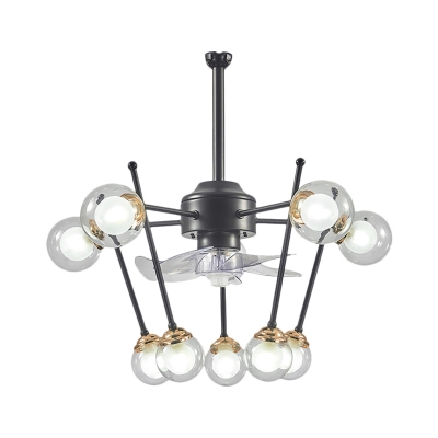 4-Blade 10 Bulbs Parlour Ceiling Fan Light Modern Black Semi Flush Lighting with Ball Clear Glass Shade, 25.5