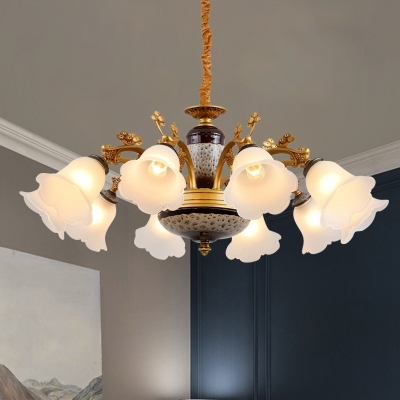 6/8/10-Head Ceramics Chandelier Light Floral Shade Milky Glass Ceiling Hang Fixture in Black and Gold