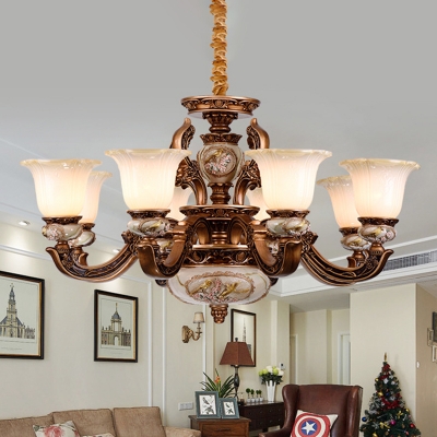 6/8 Bulbs Ceiling Chandelier with Flower Shade Opal Glass Traditional Living Room Pendant in Brown