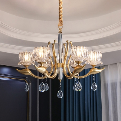 6 Heads Hanging Chandelier with Lotus Shade Clear Crystal Traditional Dining Room Pendant in Gold