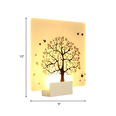 Acrylic Tree-Patterned Square Wall Lamp Nordic Style White LED Mural Light for Bedroom