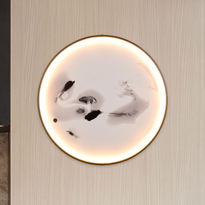Aluminum Circle Flush Wall Sconce Asian Black LED Wall Mural Light with Abstract/Foggy Mountain Pattern