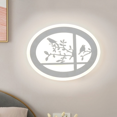 Asia LED Flush Mount Wall Sconce White Bird and Branch Patterned Oval Mural Light with Acrylic Shade, Warm/White Light