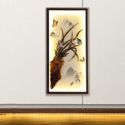 Asian LED Flush Wall Sconce Black Butterfly and Grass Wall Mount Mural Light with Aluminum Frame