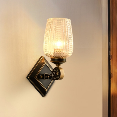 Black and Gold 1 Head Sconce Light Vintage Clear Glass Gridded Cup Wall Mount Lamp