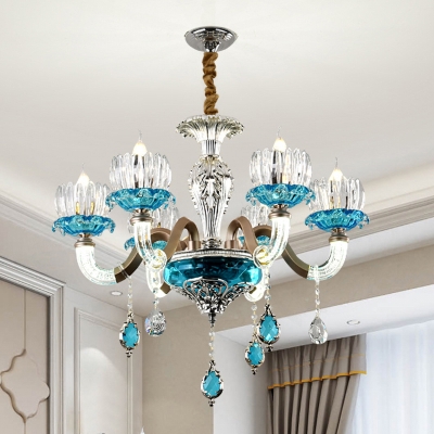 Blue 6-Bulb Ceiling Chandelier Mid Century Crystal Glass Flower Hanging Pendant Light