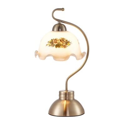 Brushed Brass Bowl Night Lamp Rural White Patterned Glass 1-Bulb Living Room Table Light with Ruffle Trim