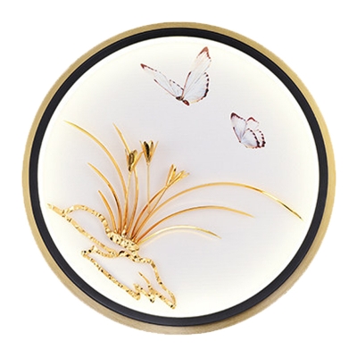 Butterfly and Orchid Grass Mural Light Decorative Metal Living Room LED Wall Lighting in Gold with Round/Rectangle Frame
