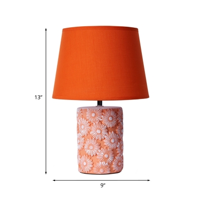 Ceramics Cylinder Night Table Light with Carved Floret Design Traditional 1-Head Bedroom Reading Lamp in Orange