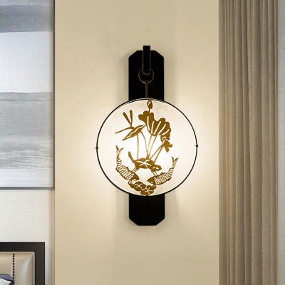 Chinese 1-Bulb Wall Hanging Light Black-Gold Fish and Lotus Leaf Silhouette Mural Lamp with Fabric Shade