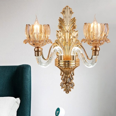 Crystal Bowl Shaped Sconce Light Retro 2 Bulbs Sitting Room Wall Mounted Light in Gold