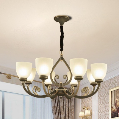 Cup Shade Frosted Glass Suspension Light Vintage 6/8-Light Drawing Room Hanging Chandelier in Black