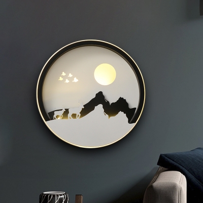 Deer at Winter Night LED Mural Light Nordic Iron Black Circular Wall Mounted Lamp for Bedroom