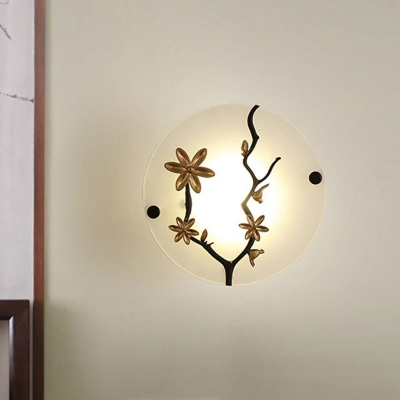 Disc Frosted White Glass Mural Light Asian Gold LED Wall Lighting Ideas with Flower and Branch Decor