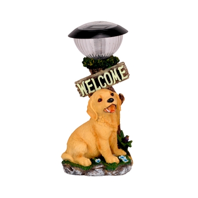 Dog Statue Front Door Solar Ground Light Resin LED Modern Path Lighting Ideas in Yellow with Bowl Lampshade