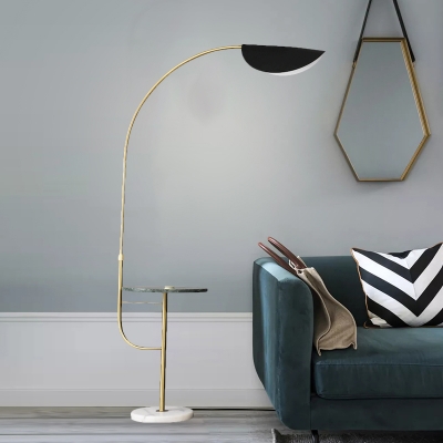 Extendable Arched Floor Light Mid Century Metal 1-Light Gold Floor Standing Lamp with Marble Table and Black Leaf Shade