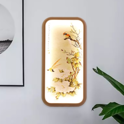 Fabric Magpie and Plum Mural Lighting Chinese Yellow LED Wall Light Fixture for Guest Room