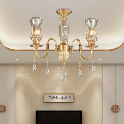 Gold Gooseneck Arm Hanging Chandelier Traditional Metal 3-Bulb Living Room Crystal Pendant