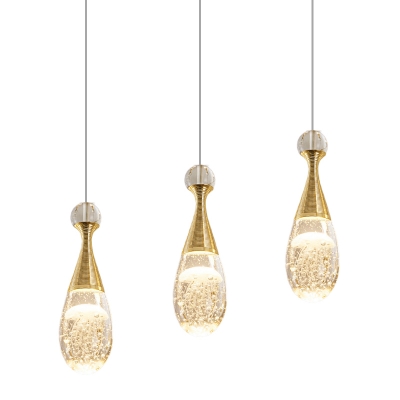 Gold Teardrop Multi Ceiling Light Minimal 3 Heads Clear Crystal Glass Pendant Lamp with Chrome Canopy