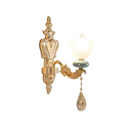 Handmade White Glass Bell Wall Light Traditional Single-Bulb Sitting Room Sconce in Gold