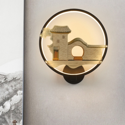 House Patterned Sconce Lighting Asian Metallic White/Black Ring LED Wall Mural Lamp for Living Room