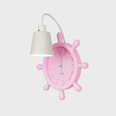 Mediterranean Cone Iron Wall Sconce Single-Bulb Wall Lamp with Rudder Clock Backplate in Pink/Blue