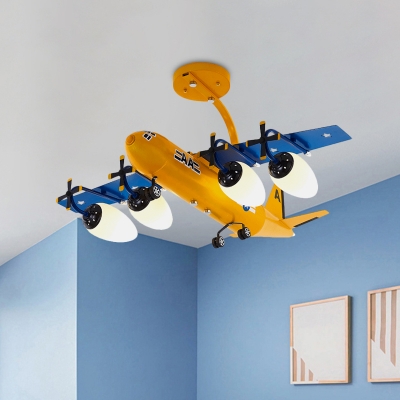 Metallic Airplane Semi Flushmount Cartoon 4 Heads Blue/Yellow Finish Flush Light with Bullet Cream Glass Shade