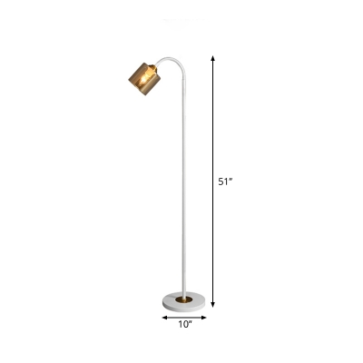 Mid Century Flexible Gooseneck Floor Lamp Metal 1-Light Lounge Standing Light in White with Cylinder Amber Glass Shade