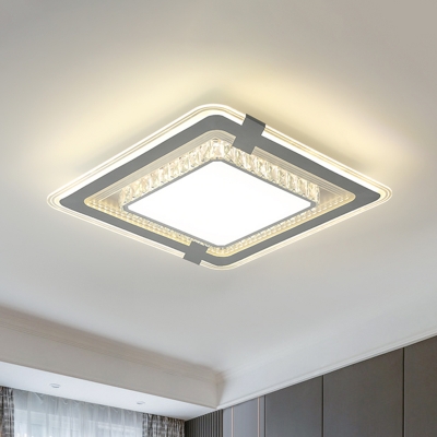 Minimalist Square Flushmount Lamp Cut Crystal Embedded LED Flush Ceiling Light Fixture in White