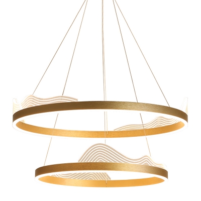 Minimalistic Circle Pendant Lighting Aluminum Bedroom LED Chandelier Lamp in Gold with Decorative Wave, Warm/White/Natural Light