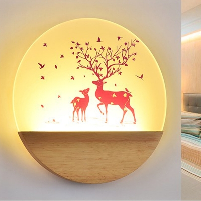 Nordic Style Deer/Bird Acrylic Wall Lamp LED Disc Mural Light Fixture in Wood for Bedroom Decoration