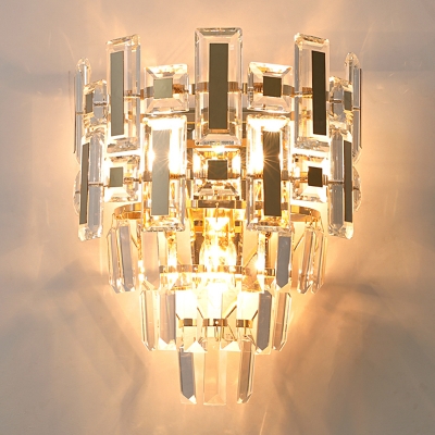 Post Modern 3 Lights Sconce with Crystal Block Shade Gold Finish Tapered Wall Light Fixture