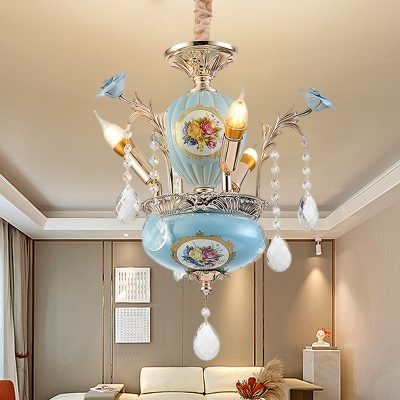 Pot Shaped Foyer Pendant Lamp Vintage Ceramic 3 Lights Blue Chandelier Lighting with Exposed Bulb Design