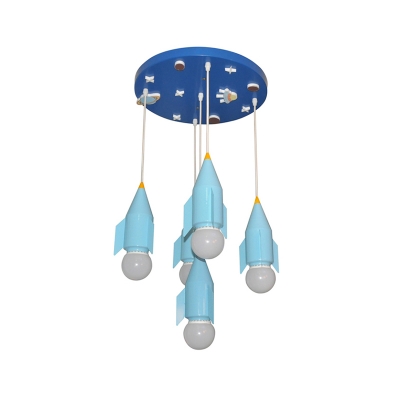 Rocket Boy Room Ceiling Hanging Light Iron 5 Heads Cartoon Multi Light Pendant in Blue