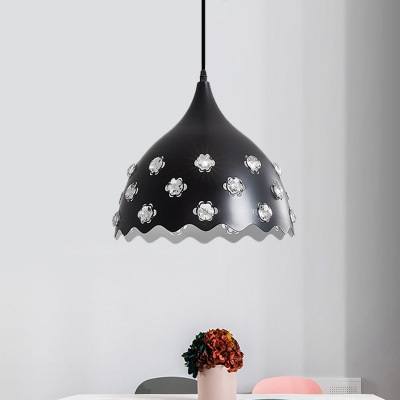 Single Bulb Pendant Light Fixture Simple Crystal Embellished Scalloped/Onion Iron Hanging Lamp in Black
