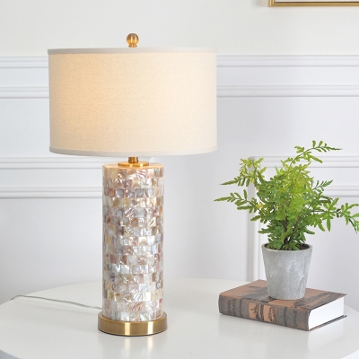 Single Drum Nightstand Light Traditional White/Flaxen Fabric Table Lamp with Cylinder Shell Base