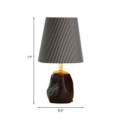 Single Head Night Table Light with Barrel Shade Stripe Fabric Traditional Bedroom Ceramics Desk Lamp in Black