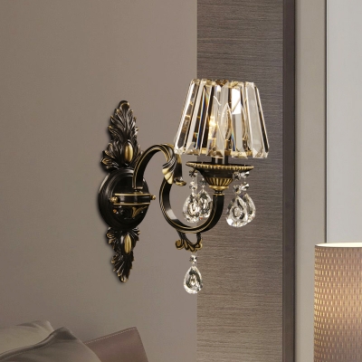 Single Prismatic Crystal Sconce Light Vintage Black and Gold Conical Living Room Wall Lighting