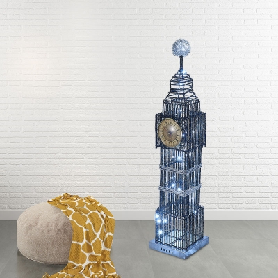 Traditional Clock Tower Floor Light Aluminum Wire LED Stand Up Lamp in Silver/Gold for Living Room