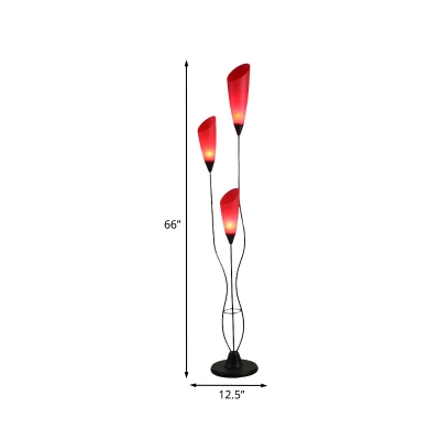 Tulips-Shape Standing Light Modernism Acrylic 3-Bulb Red Floor Lamp with Branch Design