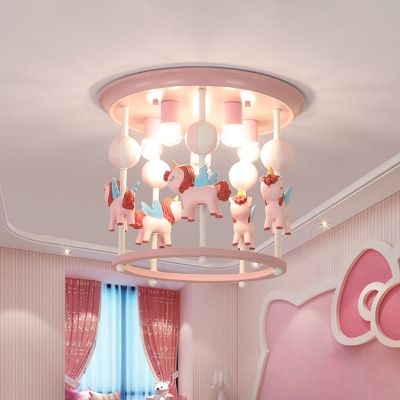 Unicorn Flush Light Fixture with Carrousel Design Cartoon Resin 6 Bulbs Blue/Pink Flush Mount