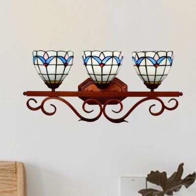 Weathered Copper Scroll Wall Lamp Baroque 3 Heads Iron Sconce Light with Bell Blue/Green Glass Shade