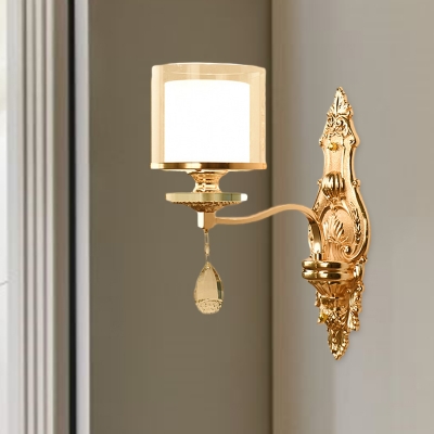 1 Head Wall Lighting with Dual Cylinder Shade Clear and White Glass Modern Indoor Wall Lamp in Gold