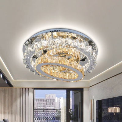 3-Hoop Living Room Semi Mount Lighting Beveled Crystal LED Modernism Flush Lamp Fixture in Stainless-Steel