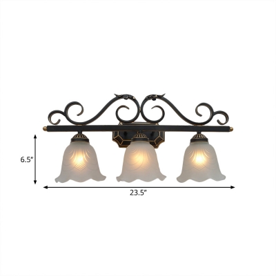 3 Lights Vanity Light Fixture with Floral Shade White Glass Vintage Bathroom Wall Mount Lamp in Black and Gold