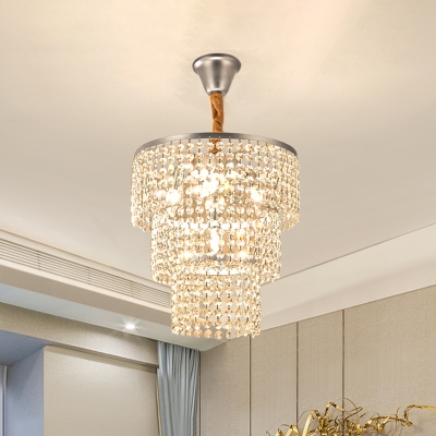 3-Tier Round Pendulum Light Modernism Crystal Bead 4 Bulbs Bedroom Chandelier Lamp in Silver
