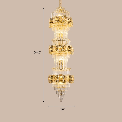 3 Tiers Elongated Hall Ceiling Pendant Luxurious Modern Clear Crystal 8-Light Gold Chandelier